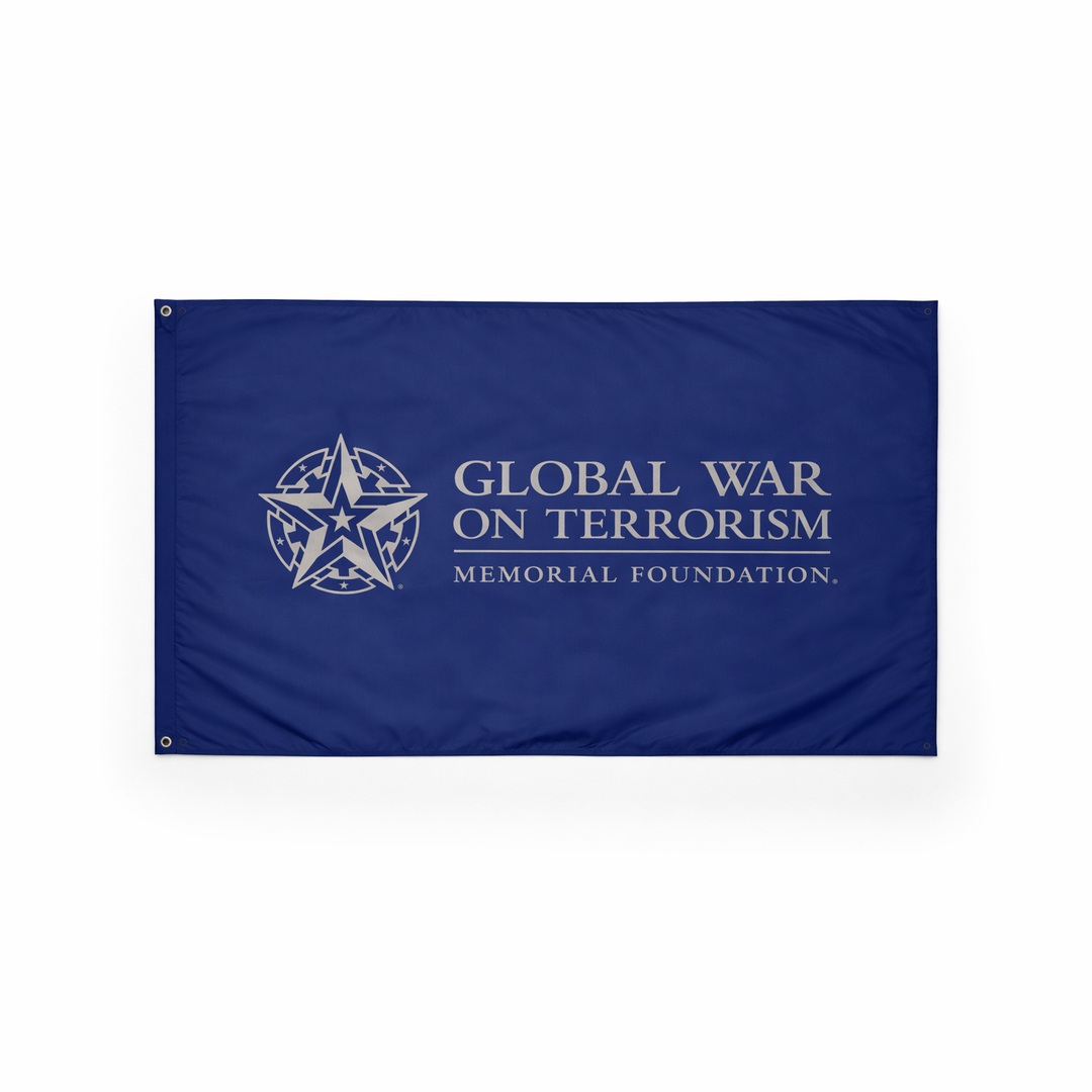 Blue flag with 'Global War on Terrorism Memorial Foundation' logo on a white background